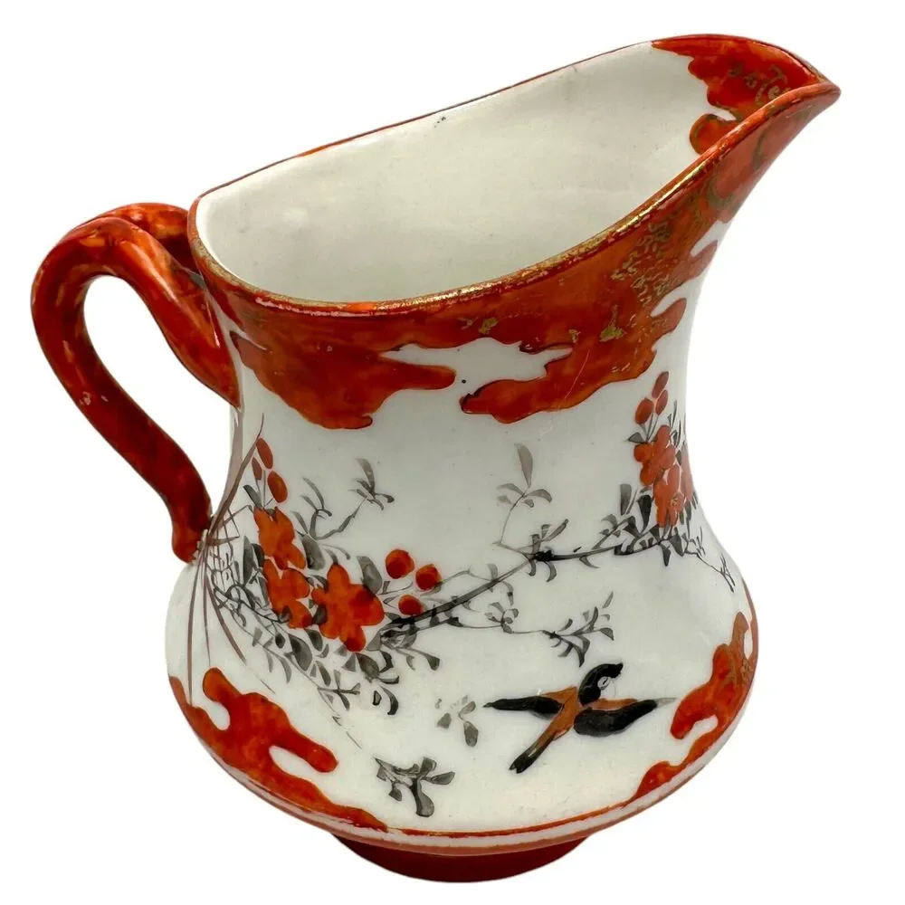 Antique Japanese Kutani Porcelain Creamer Sugar Dish White Meiji Floral‎ Vintage